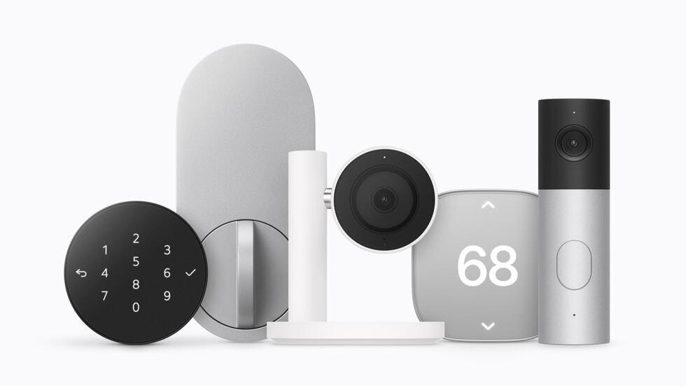Apple Home Collection lineup: a smart lock with a black keypad and silver thumbturn, a white camera, a thermostat showing 68 and a video doorbell