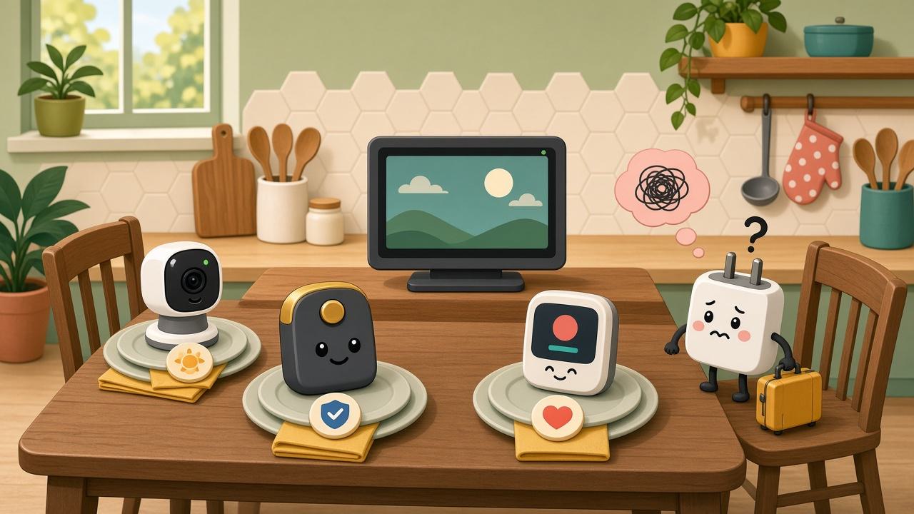 Cartoon dinner table led by a smart display with places set for Matter devices while an unbadged smart plug waits beside an empty chair