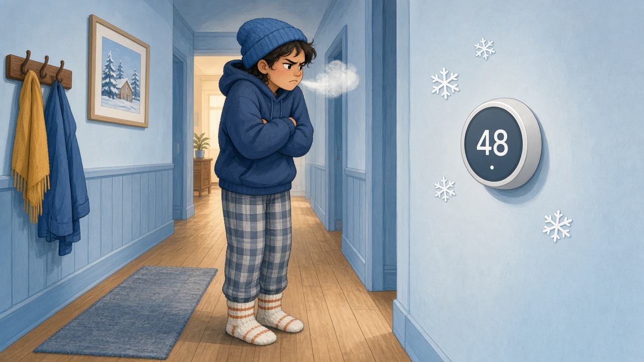 Shivering in socks in front of a cold thermostat