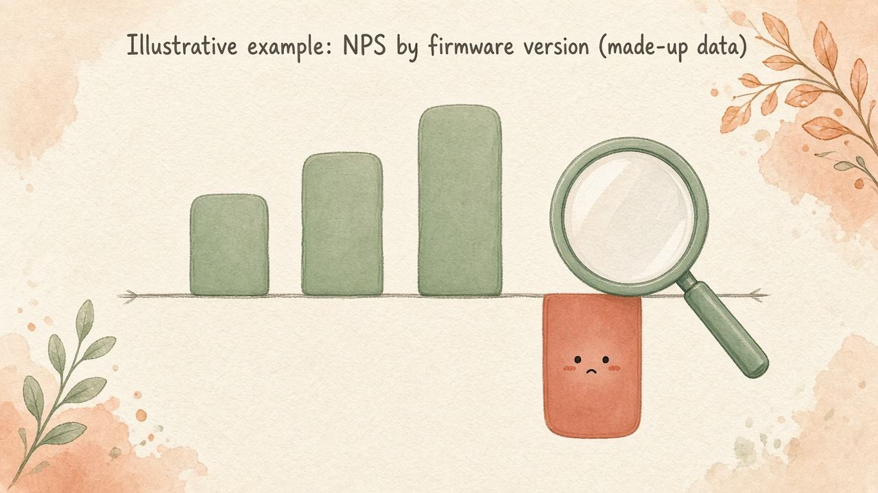 Illustrative bar chart of NPS by firmware version with one bar dipping below zero under a magnifying glass
