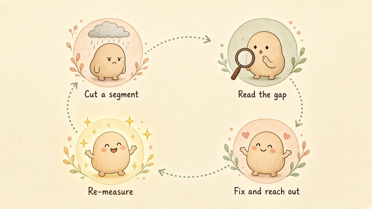 Hand-drawn four-step loop diagram where a small grumpy detractor turns into a smiling promoter