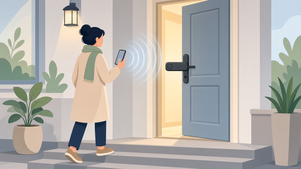 Walking up to a front door as a phone unlocks the smart lock